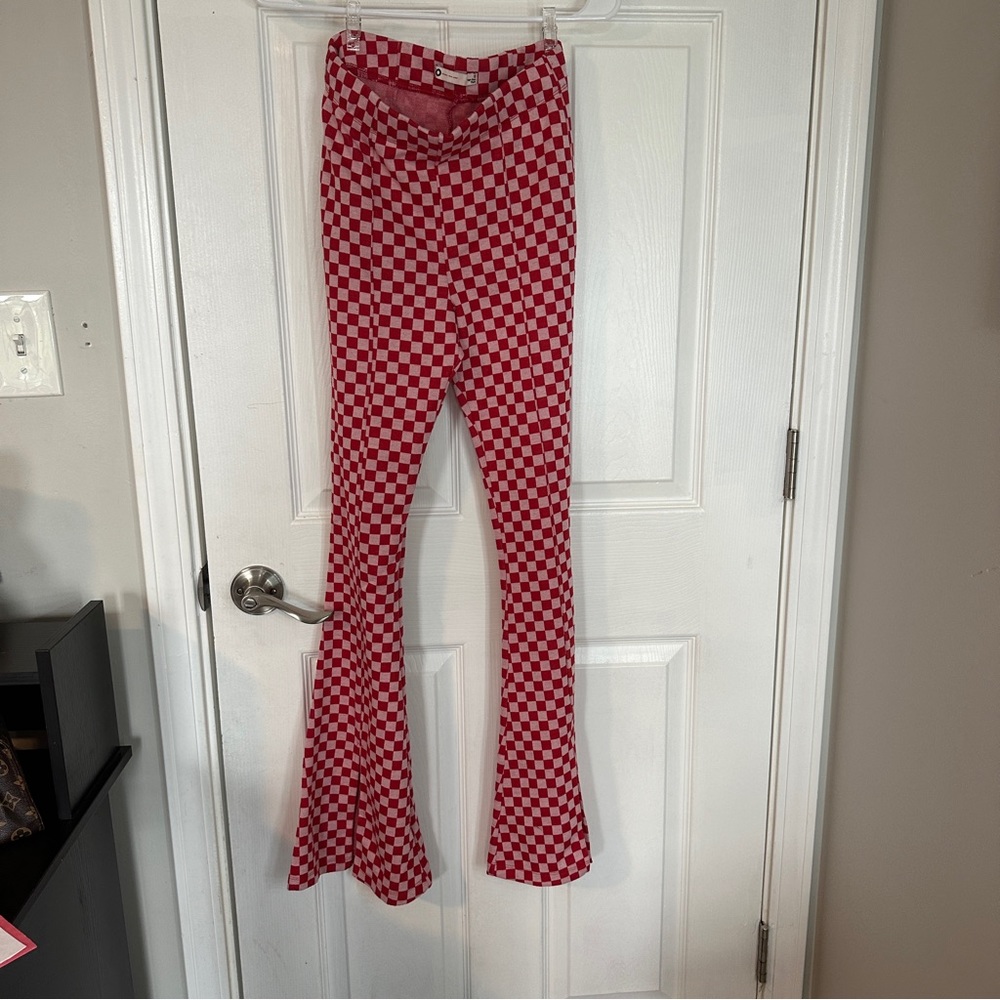 red+pink checkered flare pants